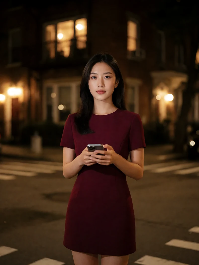 虚构成年东亚女性穿酒红短裙在夜间城市路口拿着手机