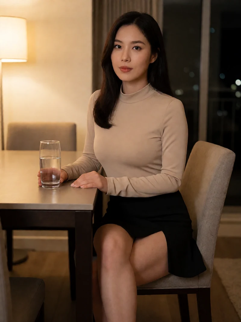 虚构成年东亚女性穿米色上衣黑色短裙坐在夜间家中餐桌旁